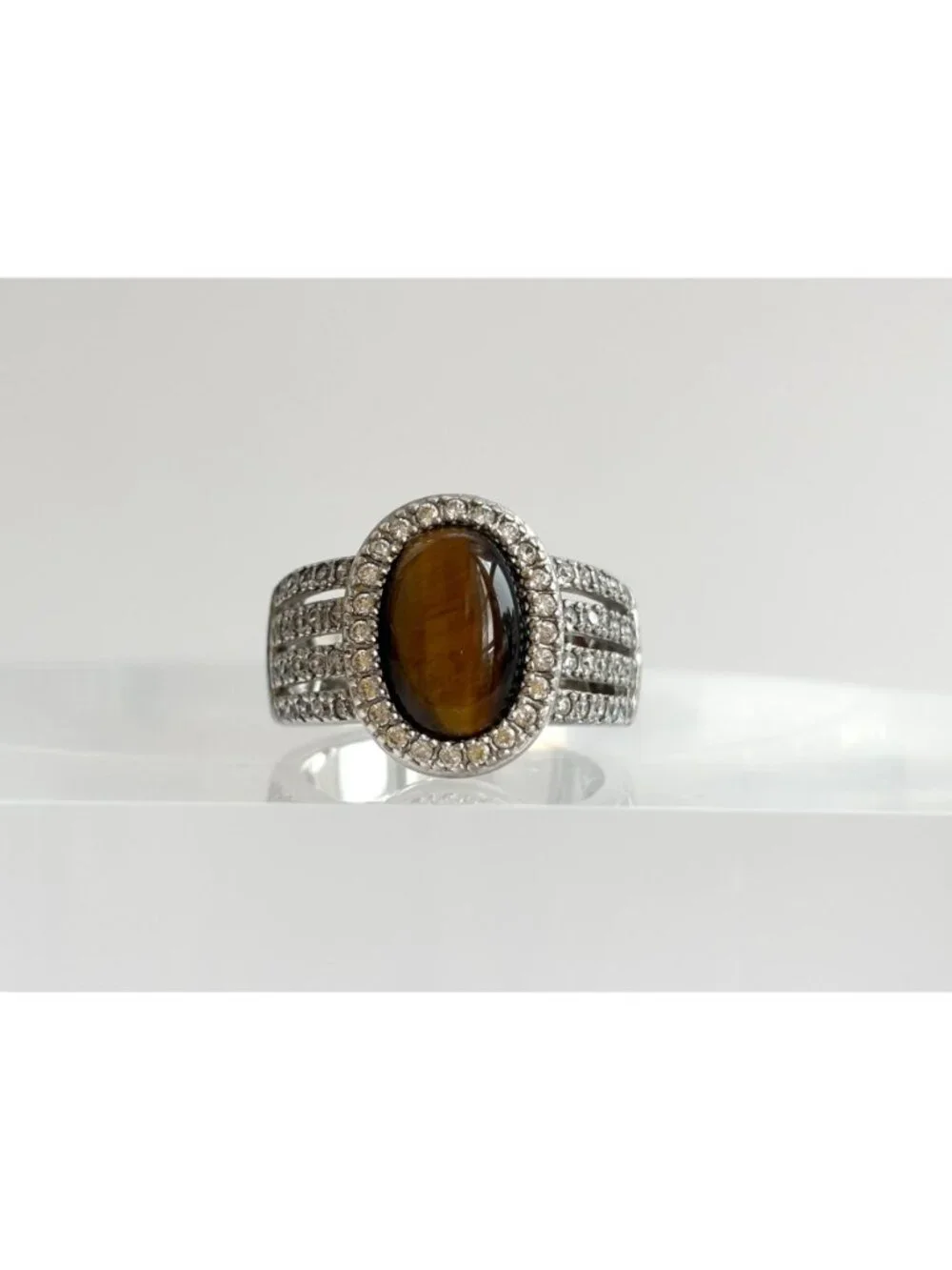 Genuine Tiger's Eye Gemstone Open Shank Sterling Silver 925 Vintage Ring - sz 8